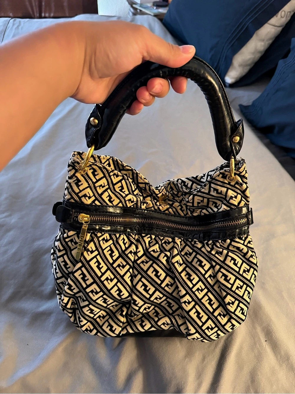 Fendi Zucca Monogram Canvas Hobo Bag Black & Cream